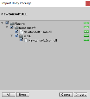 Schermopname van het pop-upvak Unity-pakket importeren met 'Plugins' geselecteerd.