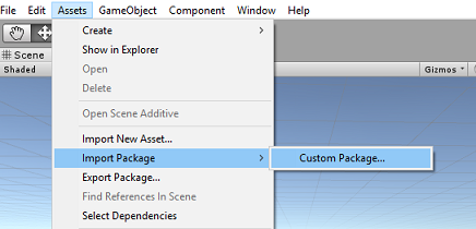 Schermopname van het menu assets. Het menu importpakket is geopend. Aangepast pakket is geselecteerd.