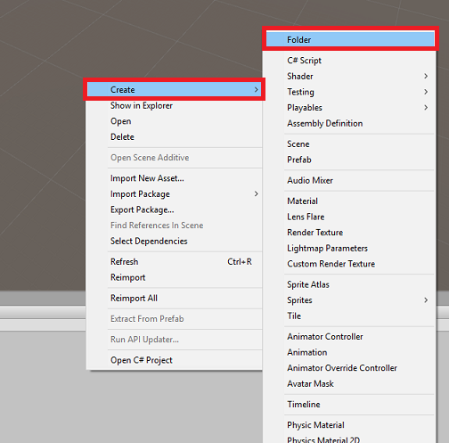 Schermopname van het menu assetmap. Het menu Maken is geopend en de map is geselecteerd.