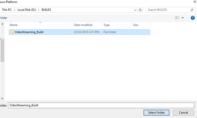 Schermopname van de map Video Streaming Build gemarkeerd.