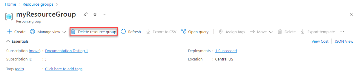 Captura de tela do portal do Azure com a opção Excluir grupo de recursos realçada na exibição do grupo de recursos.