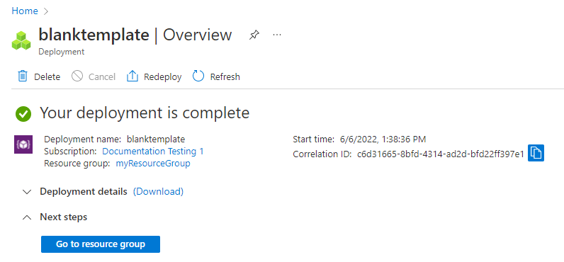 Captura de tela do portal do Azure mostrando o resumo da implantação do template 