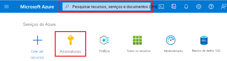 Captura de tela do portal do Azure com a caixa de pesquisa e assinaturas realçadas.