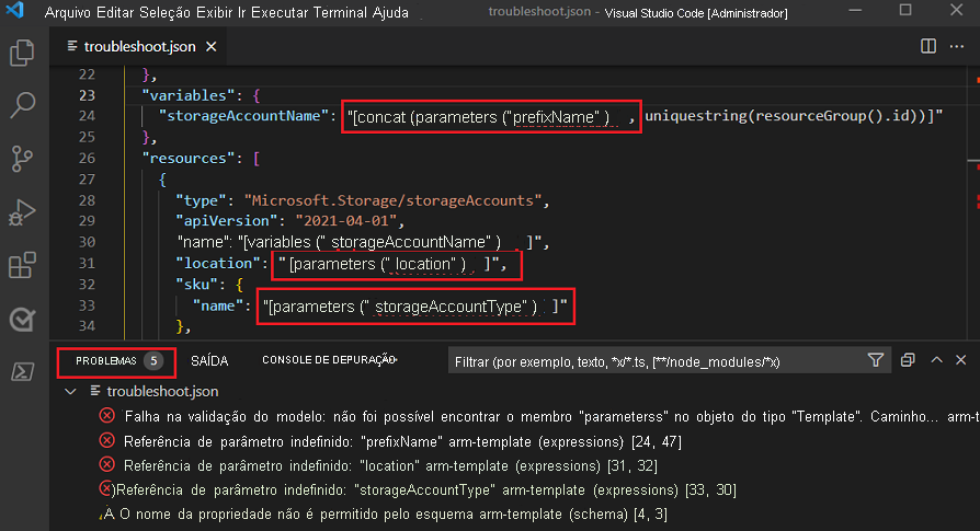 Captura de tela do Visual Studio Code mostrando a aba Problemas listando erros de referência de parâmetro indefinido nas seções 'variáveis' e 'recursos'.