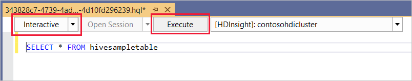 Modo interativo, consulta ad hoc do Hive, cluster HDInsight, Visual Studio.