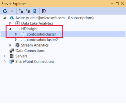 Lista&nbsp;de clusters do HDInsight, Gerenciador de Servidores, Visual Studio.