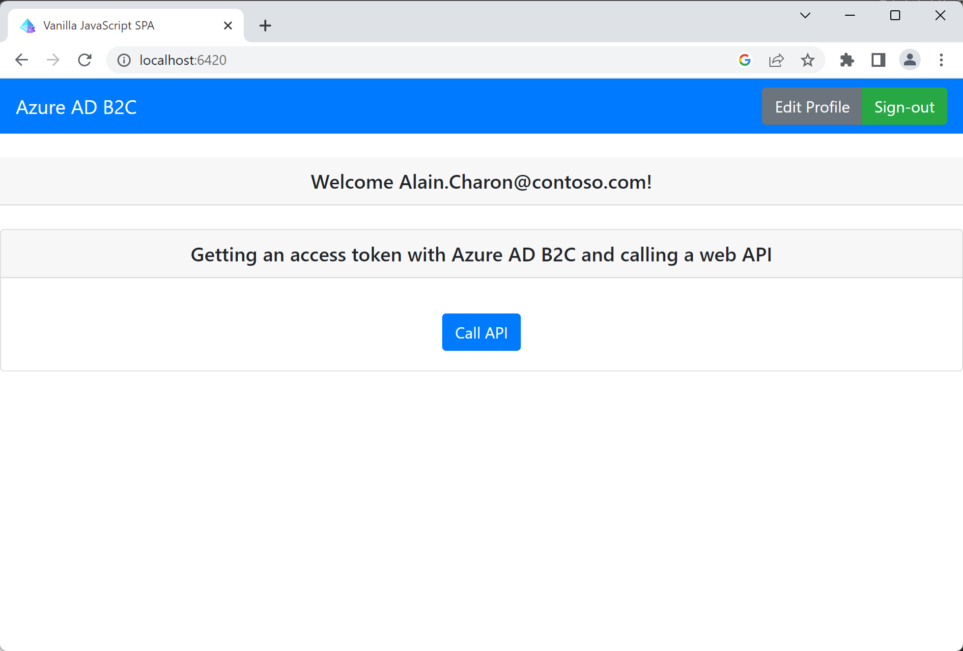 Captura de tela da resposta da API Web exibida no aplicativo de exemplo na janela do navegador.