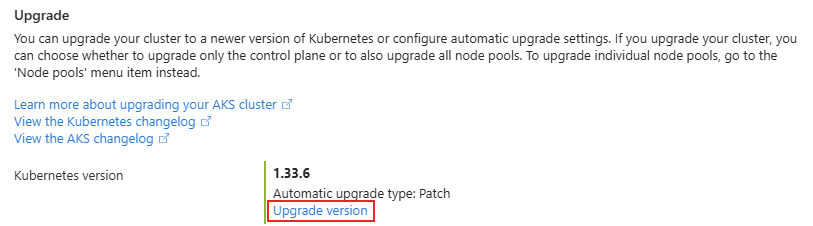Captura de tela da opção Atualizar versão no portal do Azure.