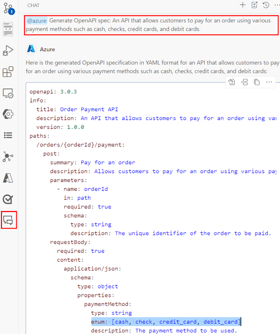 Captura de tela mostrando como usar a extensão @azure para gerar uma especificação de OpenAPI com base em um prompt.