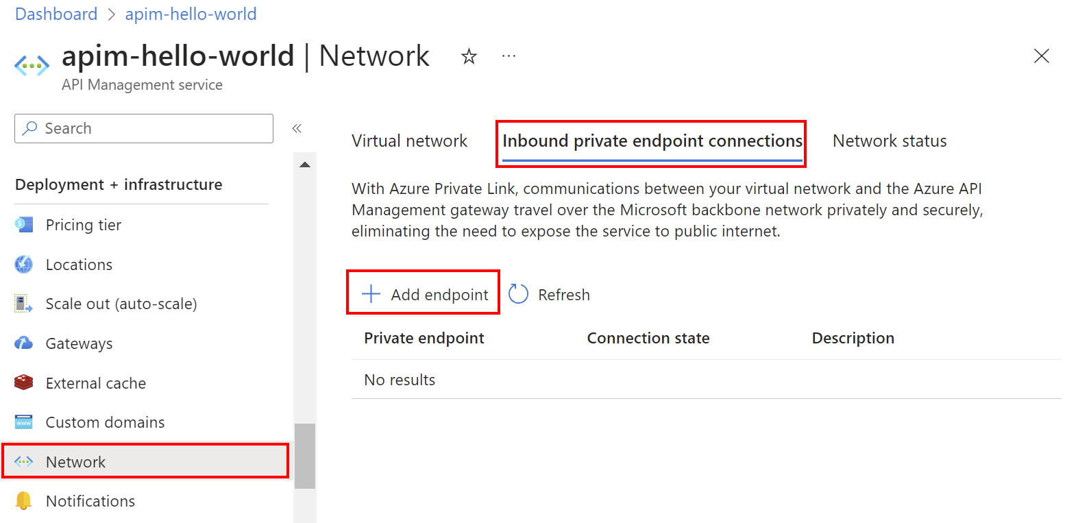 Captura de tela que mostra como adicionar um ponto de extremidade privado usando o portal do Azure.