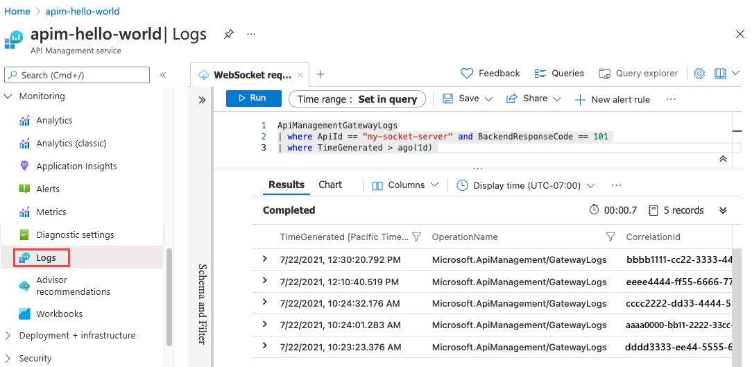Captura de tela mostrando logs de consulta para solicitações de API webSocket.