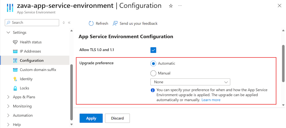 Screenshot que mostra como definir a preferência de atualização para um App Service Environment no portal Azure.
