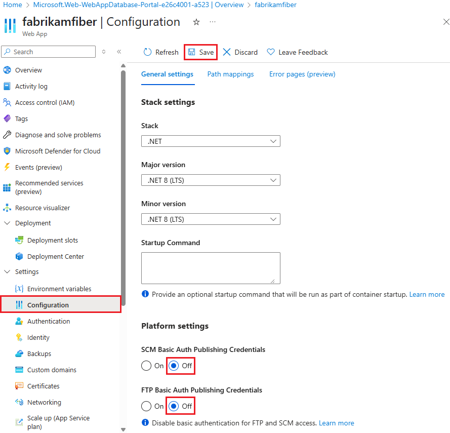 Captura de tela que mostra como desabilitar a autenticação básica para o Serviço de Aplicativo do Azure no portal do Azure.