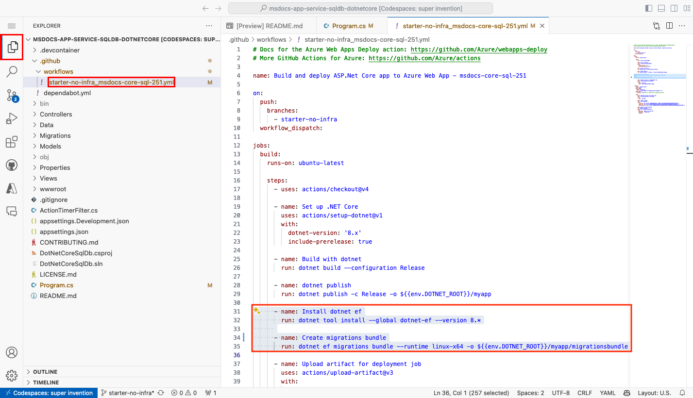 A mostrando as etapas adicionadas ao arquivo de fluxo de trabalho GitHub para o pacote de migração de banco de dados.