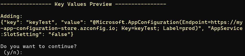 Captura de tela da CLI. Referência da Configuração de Aplicativos do Azure de exportação para o prompt de confirmação do Serviço de Aplicativo.