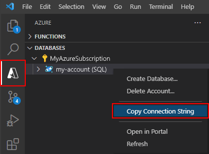 Copiando a string de conexão do Azure Cosmos DB