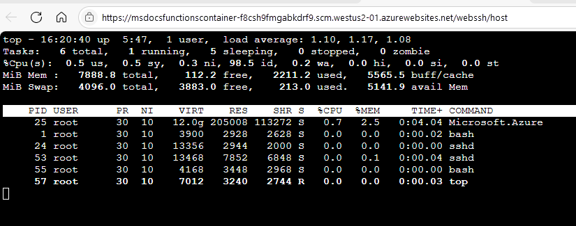 Captura de tela mostrando o comando superior do Linux em execução em uma sessão SSH.