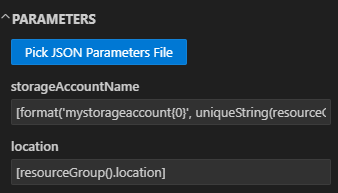 Captura de tela da escolha do arquivo de parâmetros no painel de implantação no Visual Studio Code.