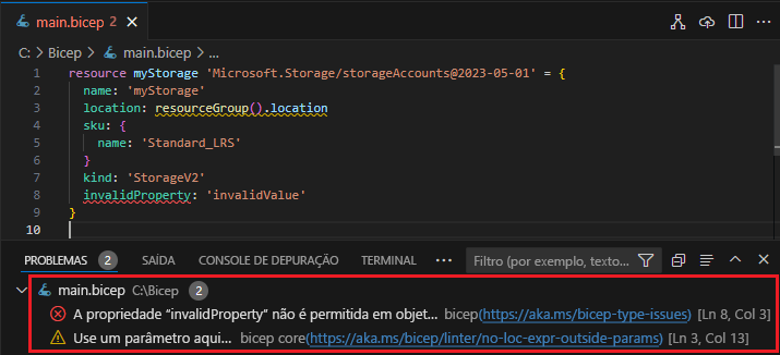 Captura de&nbsp;tela do painel Problemas no Visual Studio Code.