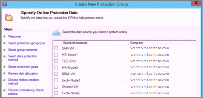A captura de tela mostra como especificar os dados de proteção online.