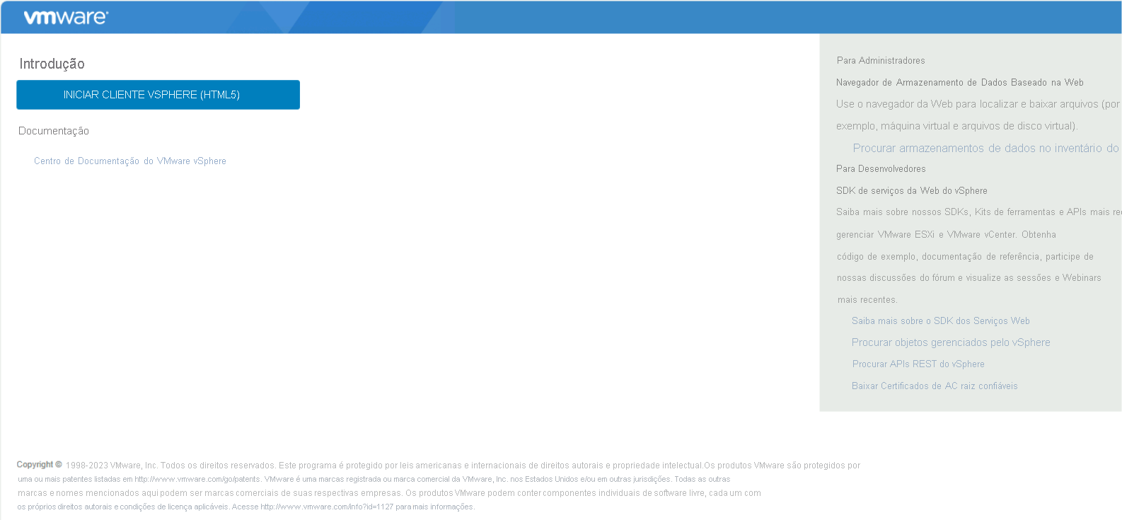 Captura de tela mostrando o cliente Web do vSphere.