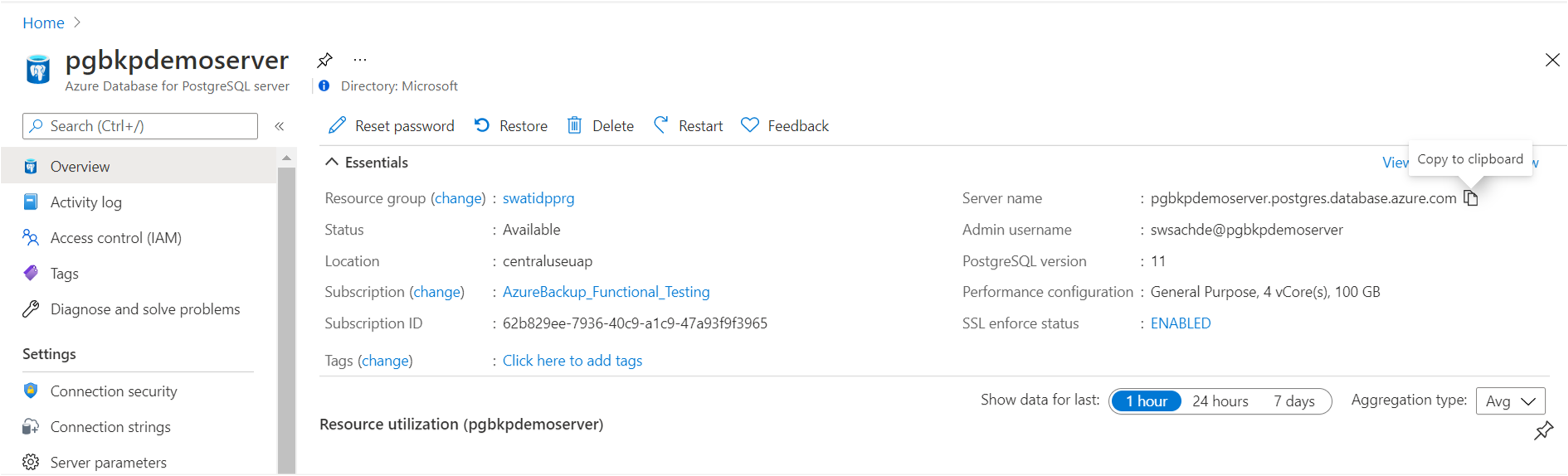 Captura de tela que mostra a exibição de recurso do PostgreSQL do Azure no portal do Azure, incluindo o nome do servidor.