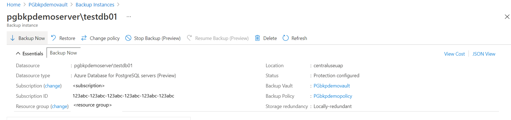 Captura de tela que mostra o painel para instâncias de backup, incluindo o botão Backup Agora.