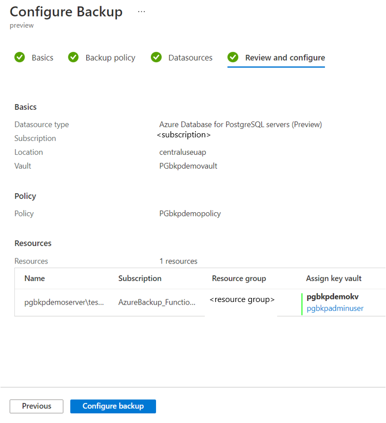 Captura de tela que mostra a guia para revisar uma configuração de backup.