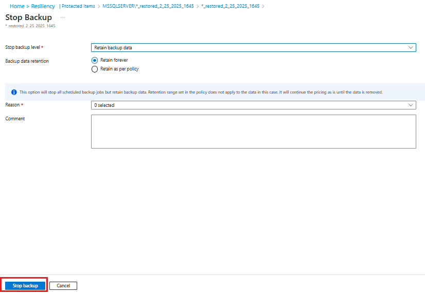 A captura de tela mostra as opções para reter ou excluir dados no painel Parar Backup.