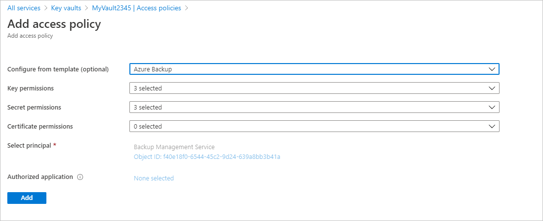 Captura de tela que mostra a seleção de Backup do Azure.