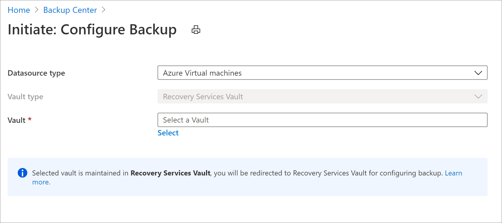 Selecionar a fonte de dados para configurar o backup de VM