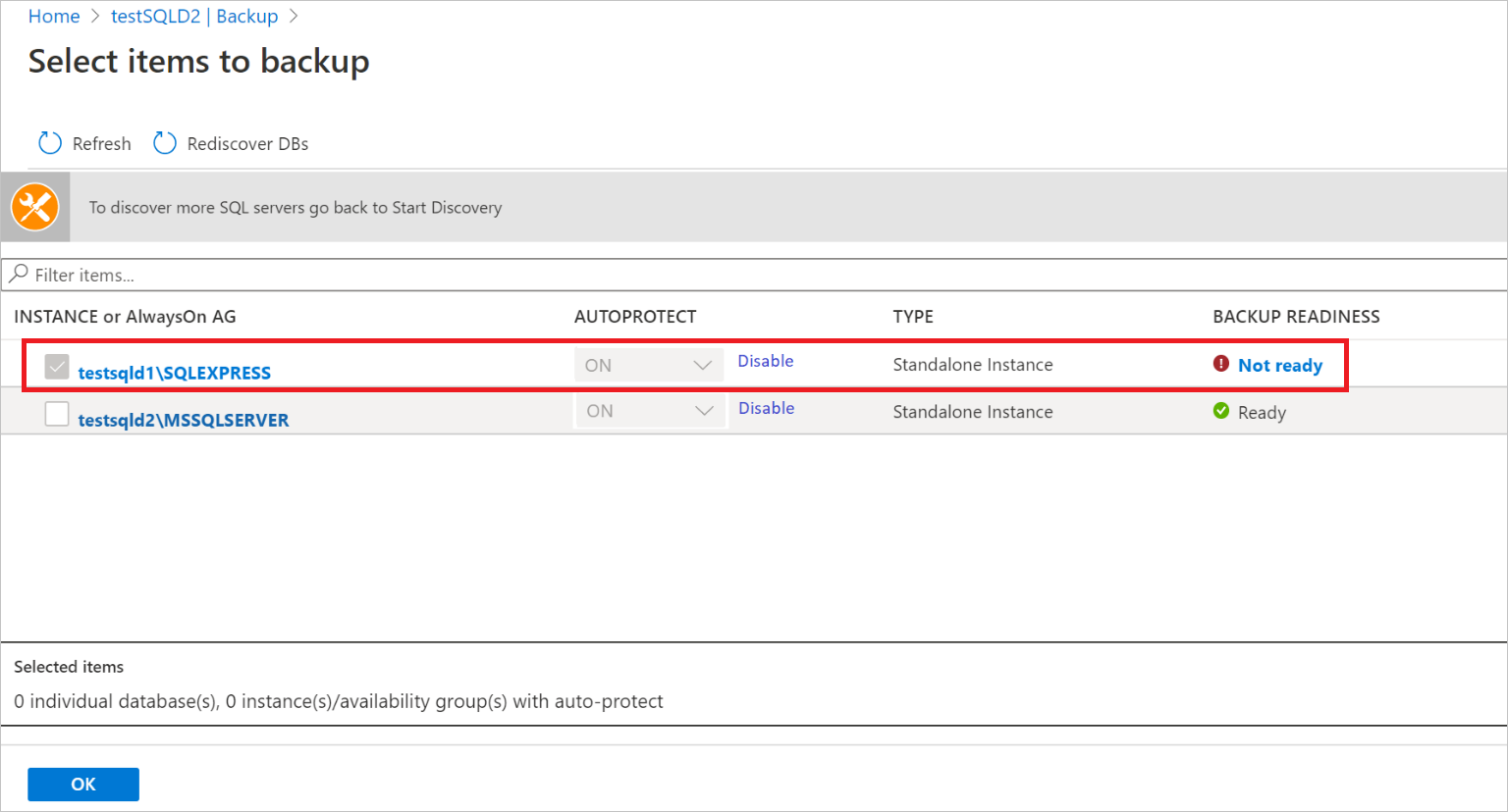 A captura de tela mostra que a preparação do backup não está pronta.