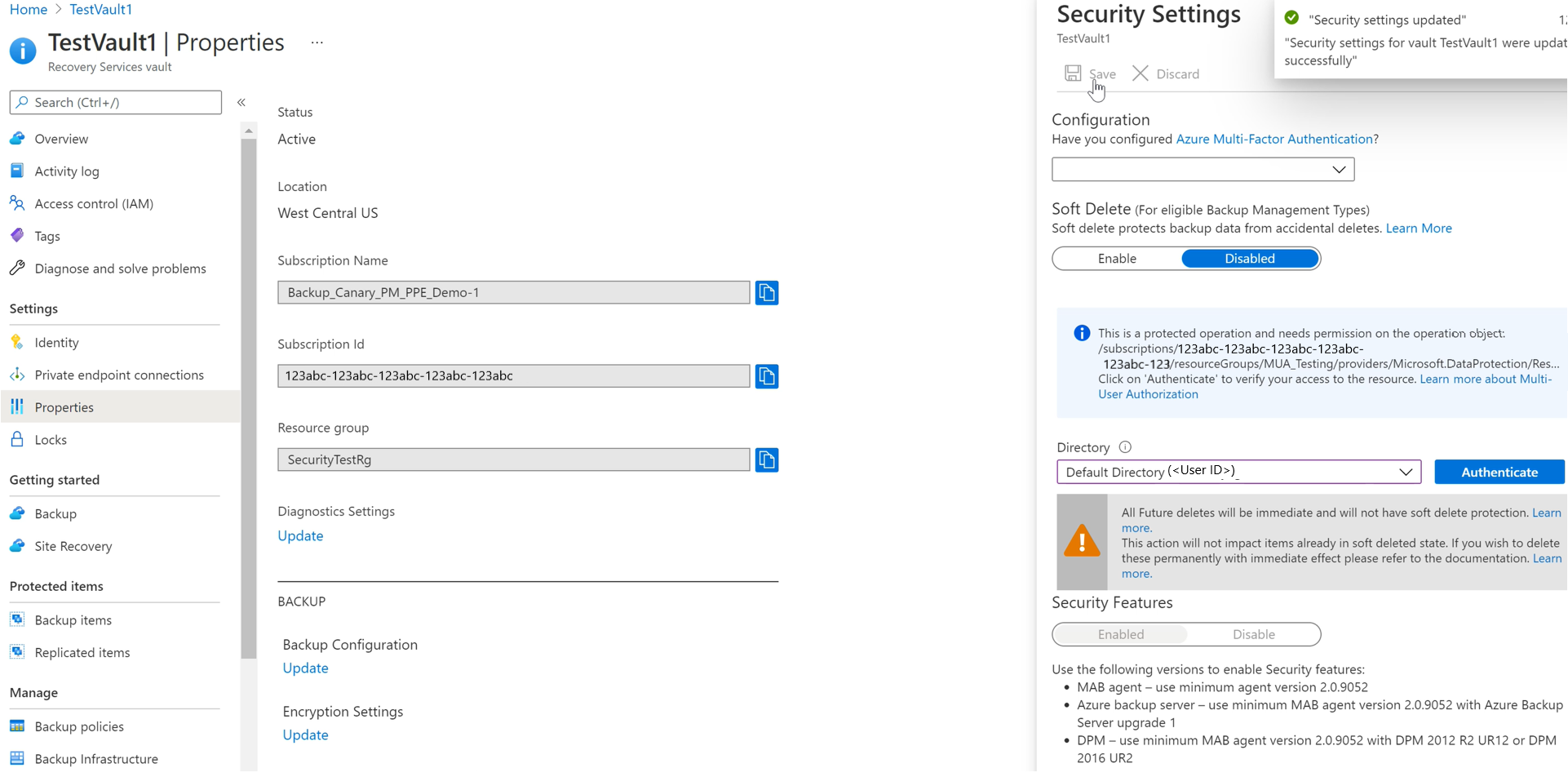 Captura de tela mostrando como desabilitar a exclusão temporária para um cofre habilitado para MUA.