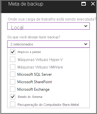 A captura de tela mostra o menu Meta de Backup.