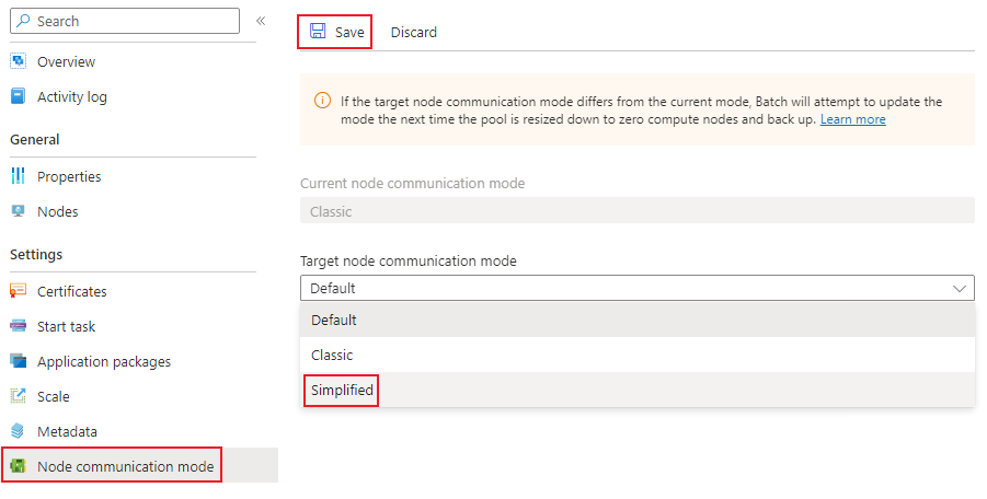 Captura de tela que mostra a atualização de um pool para o modo simplificado.