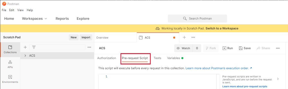 Captura de tela que mostra o Postman com a guia Script de pré-solicitação em Coleções dos Serviços de Comunicação.