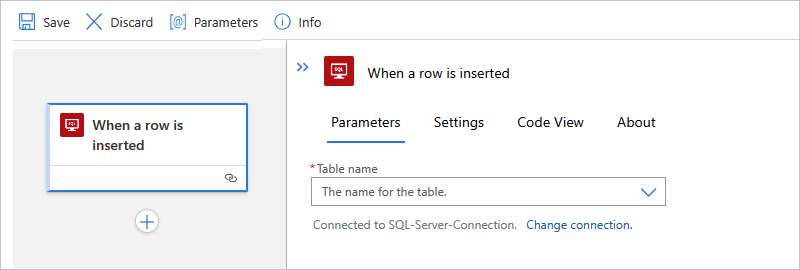 A captura de tela mostra o designer de fluxo de trabalho Standard e a ação interna denominada Quando uma linha é inserida.