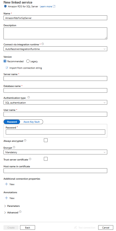 Captura de tela da configuração do serviço vinculado do Amazon RDS para SQL&nbsp;Server.