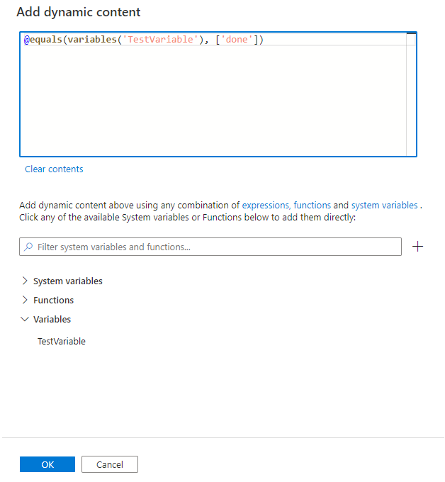 Mostra o painel &nbsp;Adicionar conteúdo dinâmico&nbsp; com uma expressão para verificar uma variável em busca de um valor definido.