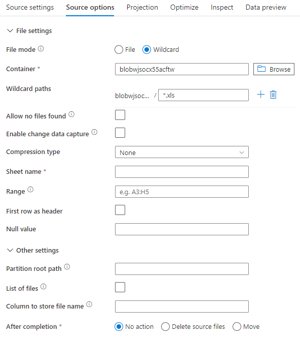 Conjunto de dados de origem em linha do Excel