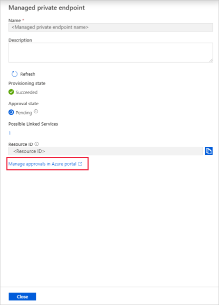 Captura de tela que mostra o painel Gerenciar endpoint privado.