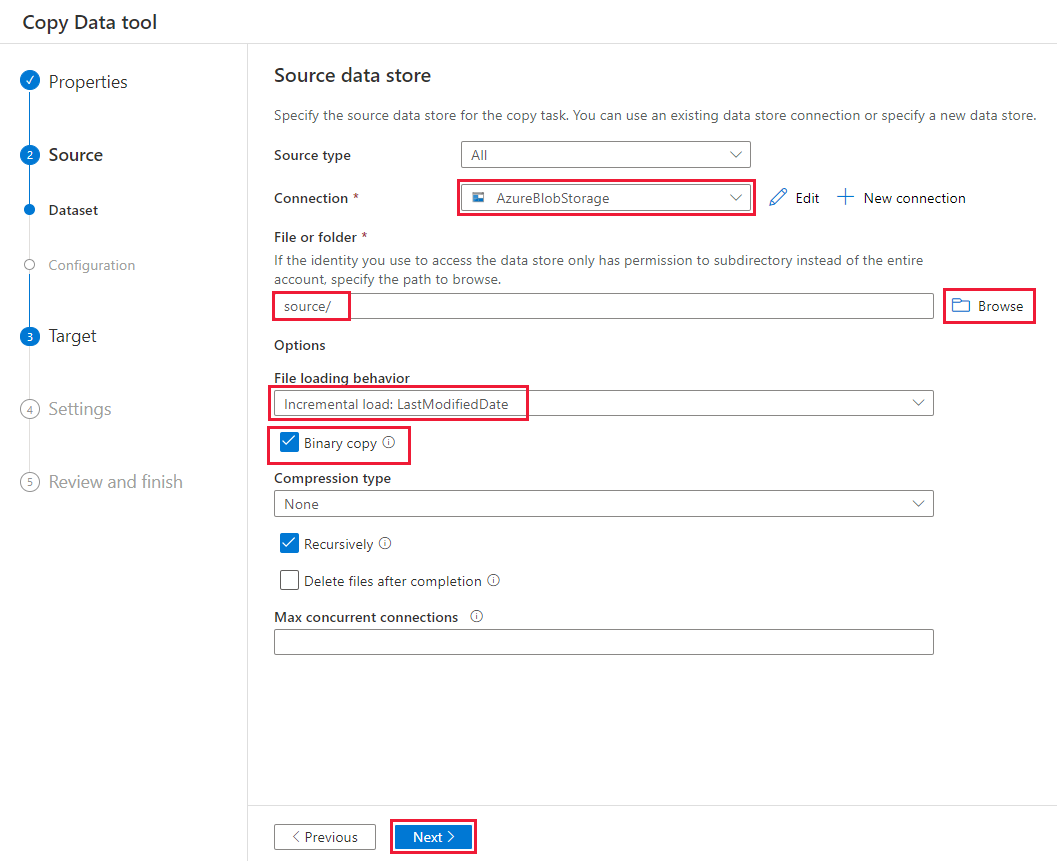 Captura de tela que mostra a página do repositório de dados de origem.