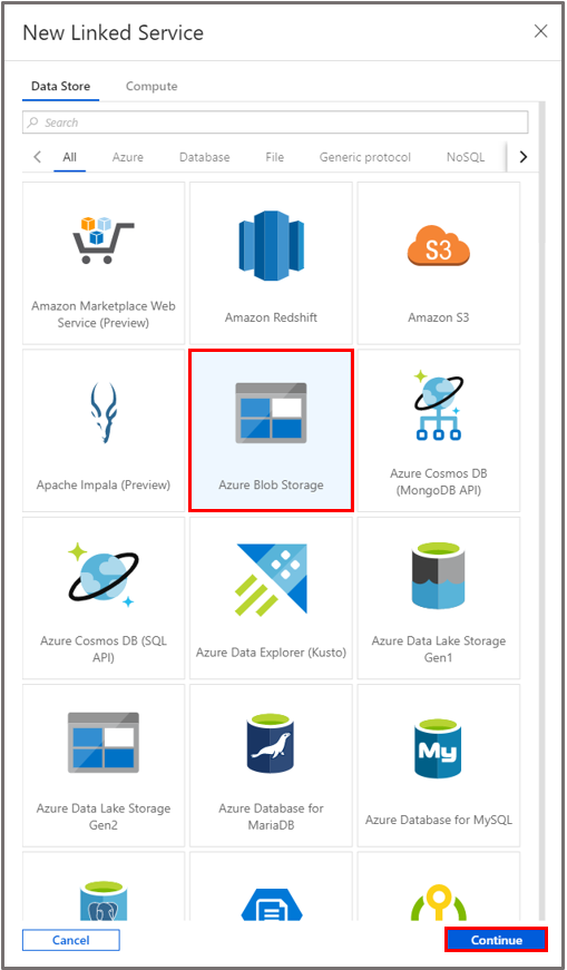 Selecione o bloco "Armazenamento de Blobs do Azure"