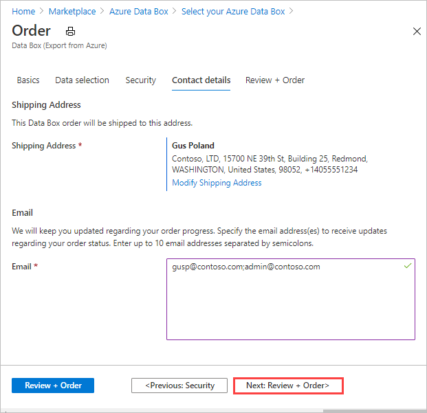 Captura de tela mostrando os resultados da adição de um novo endereço de envio na guia Detalhes do contato de uma ordem de exportação do Data Box.
