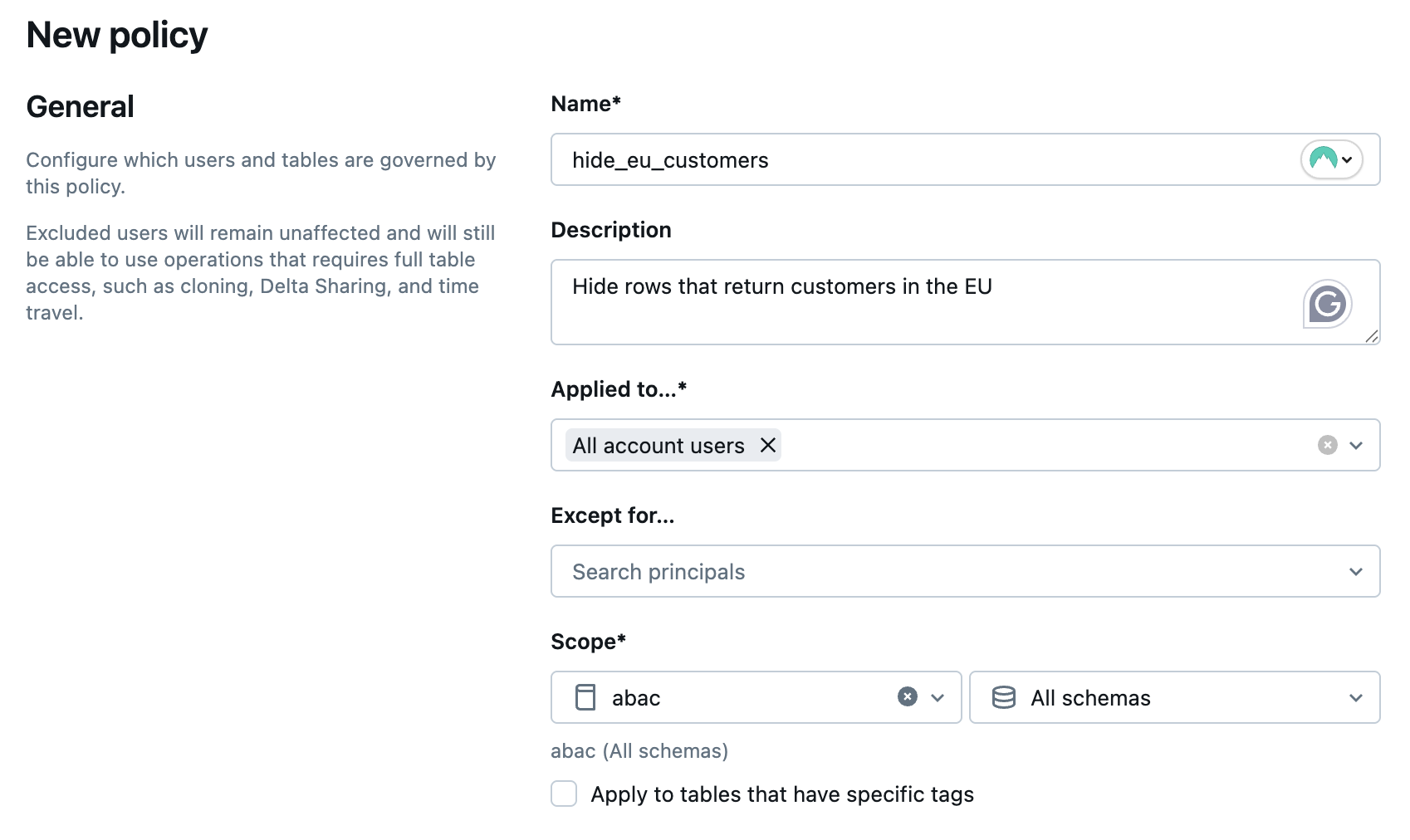 Exemplo de configurações de política de filtro de linha ABAC para a seção Geral.