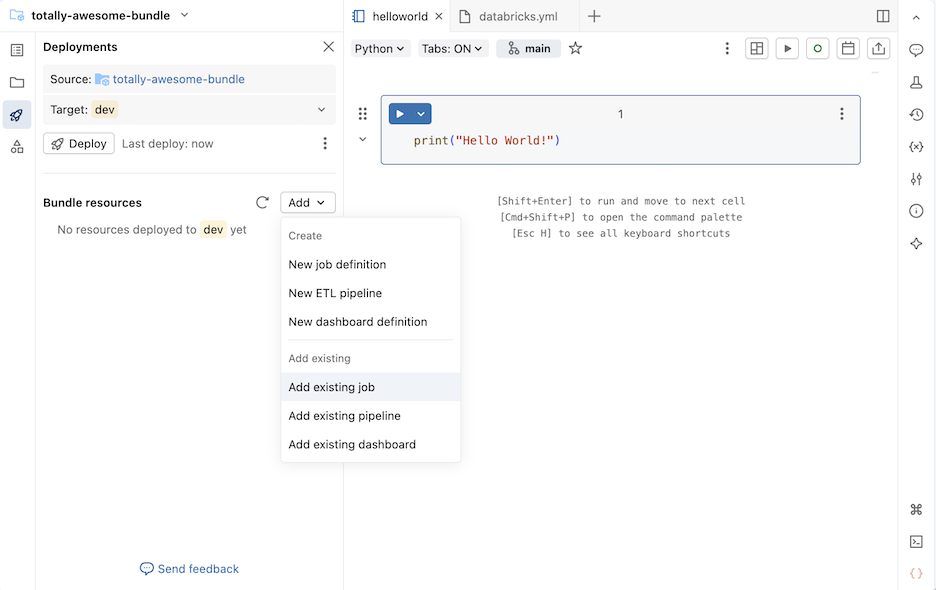 Adicionar trabalho existente, pipeline ou painel existente