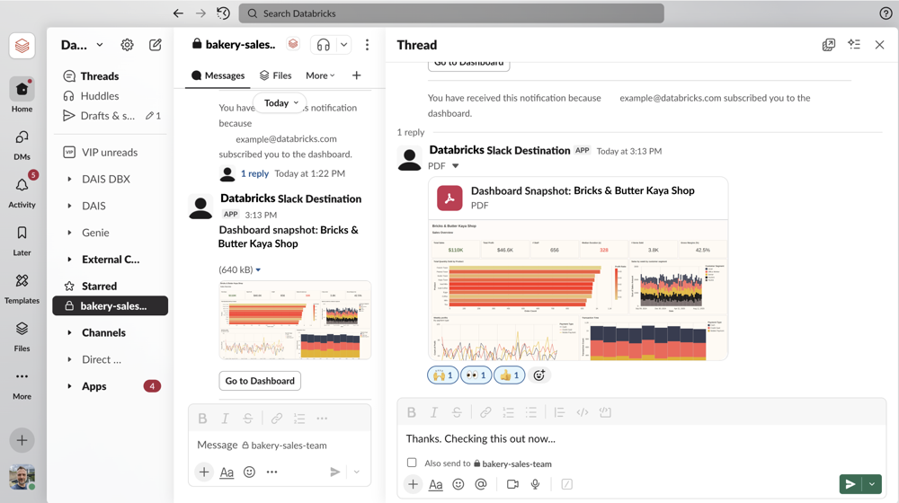 Exemplo de uma notificação do Slack mostrando um instantâneo do painel