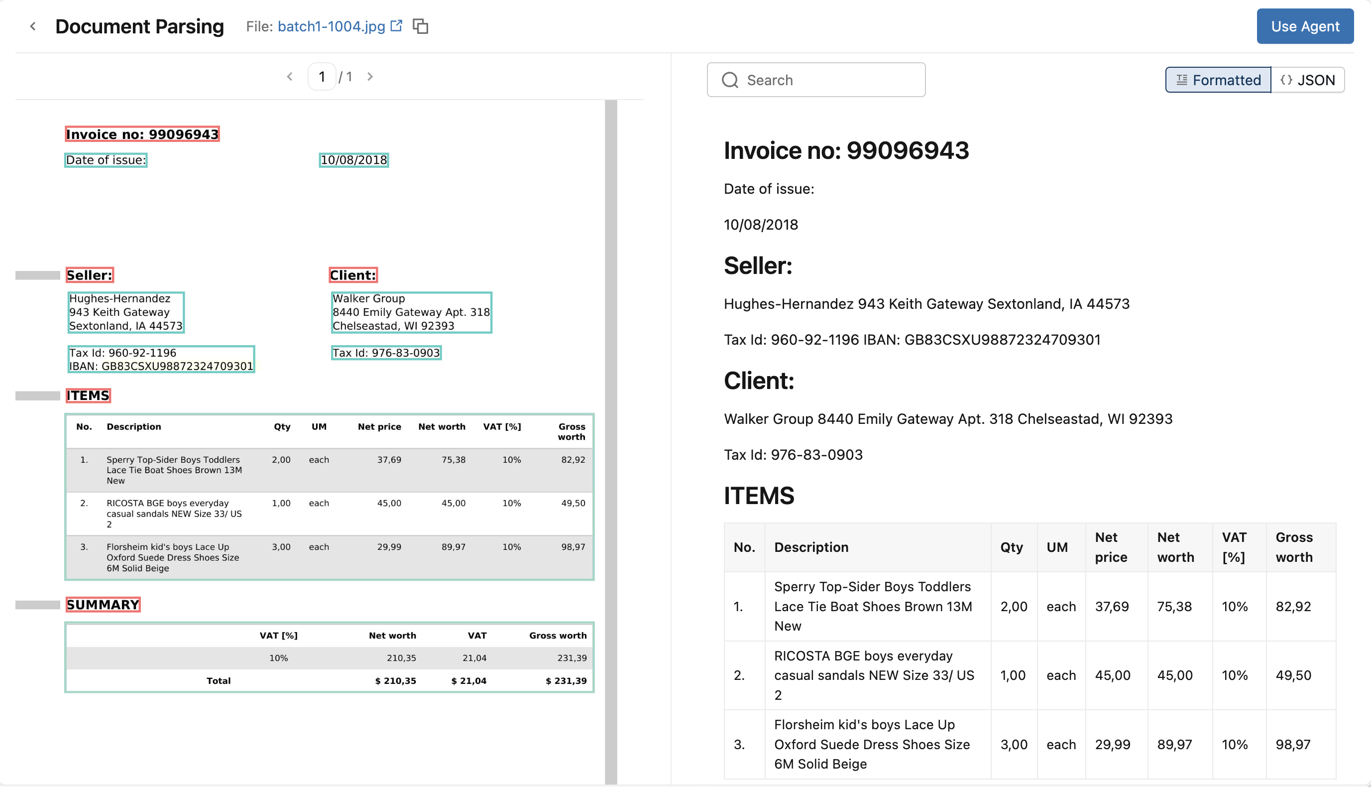 Interface de análise de documentos mostrando o documento de origem e o documento analisado lado a lado
