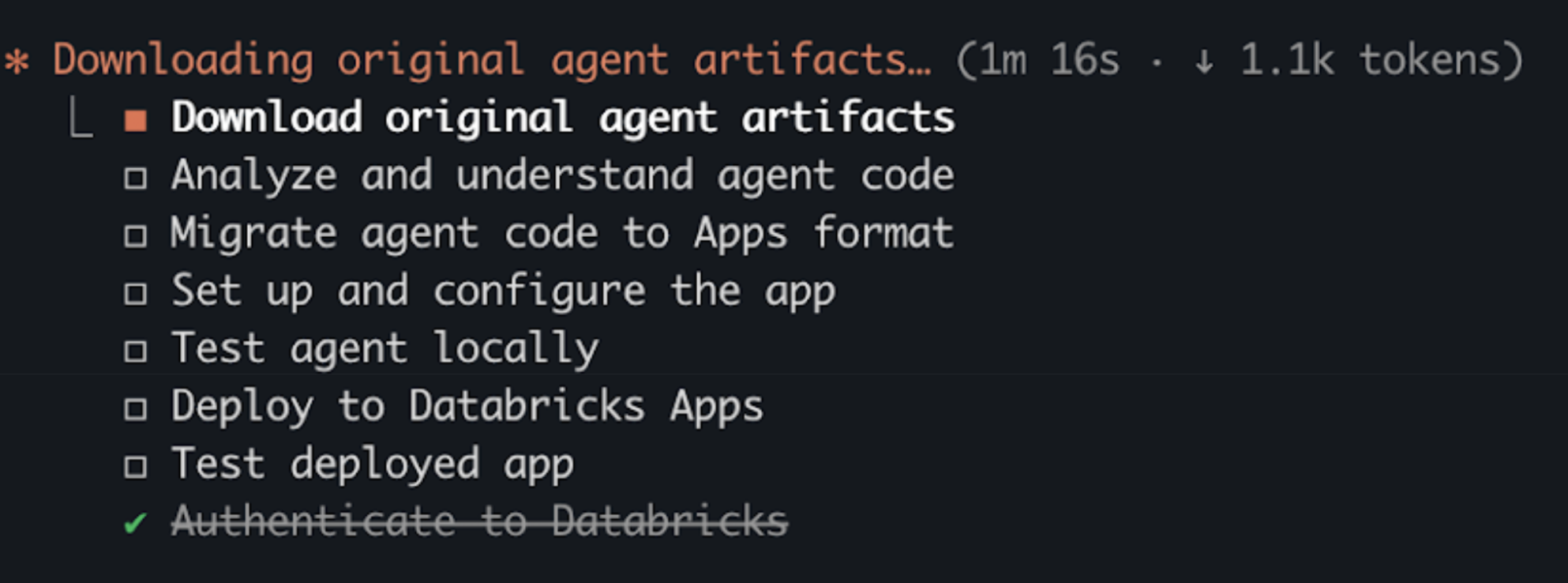 Captura de tela de um assistente de codificação de IA exibindo uma lista TODO passo a passo para migrar um agente do Model Serving para o Databricks Apps.