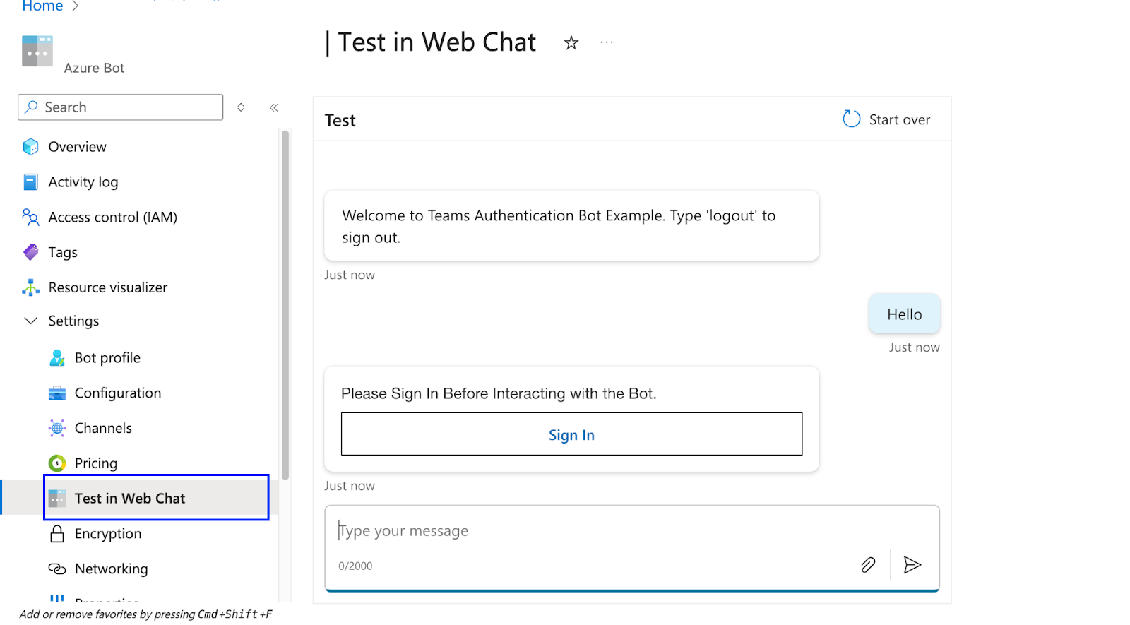 Testar o bot nos serviços de bot do Azure